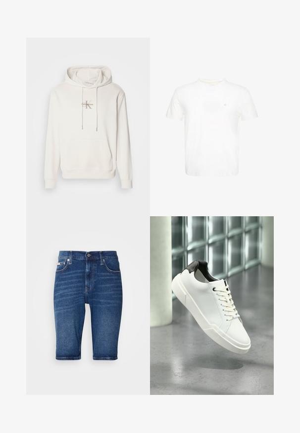Biela mikina s kapucňou z mäkkej tkaniny; má predné klokanie vrecko, rebrované manžety a logo s nápisom "Calvin Klein" nad štylizovaným "K."; Biele tričko s krátkym rukávom a okrúhlym výstrihom s malým vyšívaným logom "ck" na ľavej strane hrudníka.; Modré denimové šortky s rovný strihom, piatimi vreckami a viditeľnými švovými detailmi. Materiál má hladkú textúru s jemným vyblednutím.; Biela nízka teniska s čiernou textúrovanou pätkou, bielymi šnúrkami a hrubou podrážkou na leštenej betónovej podlahe pri sklenených blokoch.