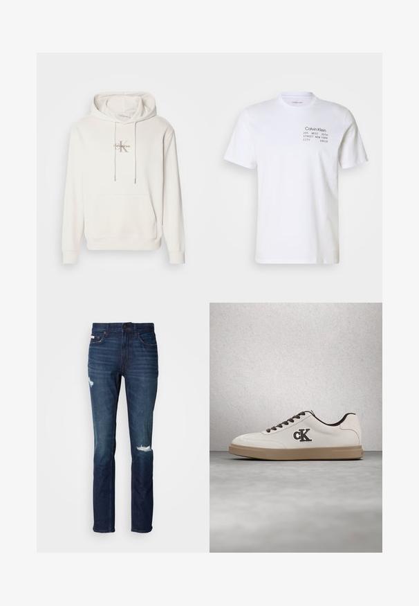Sweatshirt à capuche blanche en tissu doux ; il possède une poche kangourou à l'avant, des poignets côtelés et un logo avec "Calvin Klein" au-dessus d'un "K" stylisé.; T-shirt en coton blanc avec des manches courtes, un col rond et un texte imprimé : "Calvin Klein 205 WEST 39TH STREET NEW YORK CITY 10018."; Jean en denim bleu foncé avec une coupe slim, présentant deux patchs usés à l'avant, des coutures robustes et un design classique à cinq poches.; Baskets blanches avec accents marron, matériau en daim, lacets plats et semelle en caoutchouc. Présente un logo sur le côté et une texture lisse.