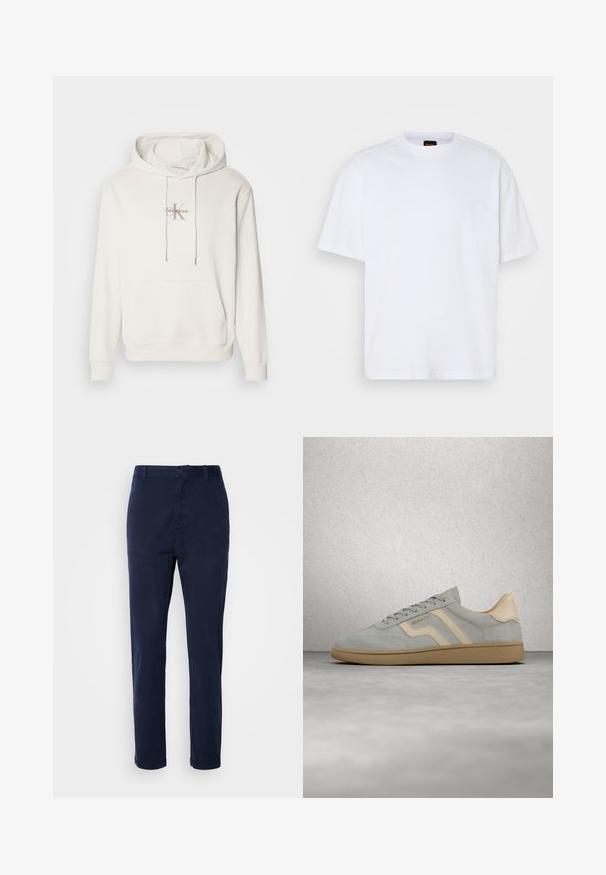 Biela mikina s kapucňou z mäkkej tkaniny; má predné klokanie vrecko, rebrované manžety a logo s nápisom "Calvin Klein" nad štylizovaným "K."; Biely bavlnený tričko s okrúhlym výstrihom, krátkymi rukávmi a voľným strihom. Obsahuje textúrované ramenné švy pre dodatočný detail.; Námornícke modré chinos nohavice vyrobené z ľahkej tkaniny, s rovnými nohami, zapínaním na gombík a bočnými vreckami. Hladká textúra bez vzorov.; Svetlosivá semišová teniska s béžovými akcentmi a gumovou podrážkou, ktorá sa vznáša nad leštenou betónovou podlahou pri stene zo sklenených blokov.