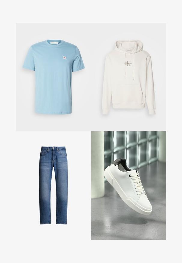 Hvid hættetrøje i blødt stof; har en frontlomme i kangaroo-stil, ribbede manchetter og et logo med "Calvin Klein" over et stiliseret "K."; Lysblå bomulds T-shirt med korte ærmer, rund halsudskæring og lille logo patch på venstre bryst. Glat tekstur og simplistisk design.; Blå denimjeans med lige pasform, fem lommer og lynlås. Har en let falmet effekt og syninger langs sømmene.; Hvid lav tå-sneaker med sort struktureret hælfane, hvide snørebånd og tyk sål på en poleret betongulv nær glasblokke.