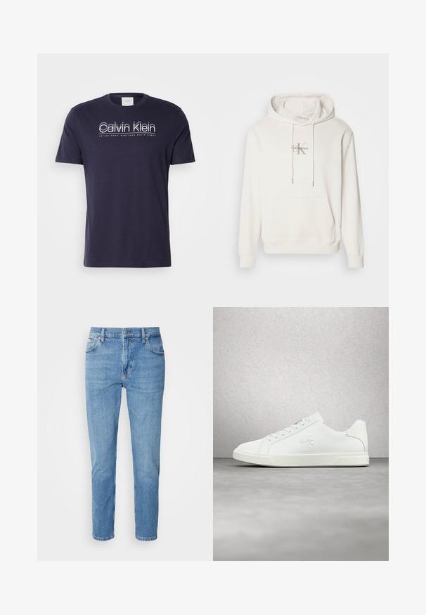 Biela mikina s kapucňou z mäkkej tkaniny; má predné klokanie vrecko, rebrované manžety a logo s nápisom "Calvin Klein" nad štylizovaným "K."; Námornícky bavlnený tričko s krátkymi rukávmi, okrúhlym výstrihom a bielym logom Calvin Klein s nápisom "ZALOŽENÉ DEVÄTNÁSTEHO ROKU ŠESŤDESIAT OSM" pod ním.; Svetlomodré džínsy s rovný strih, dizajn s piatimi vreckami a jemným vyblednutím. Obsahujú zapínanie na gombík a pútka na opasok.; Biela kožená teniska s hladkým povrchom, šnurovaním, logom na boku a kontrastnou bielou gumovou podrážkou.