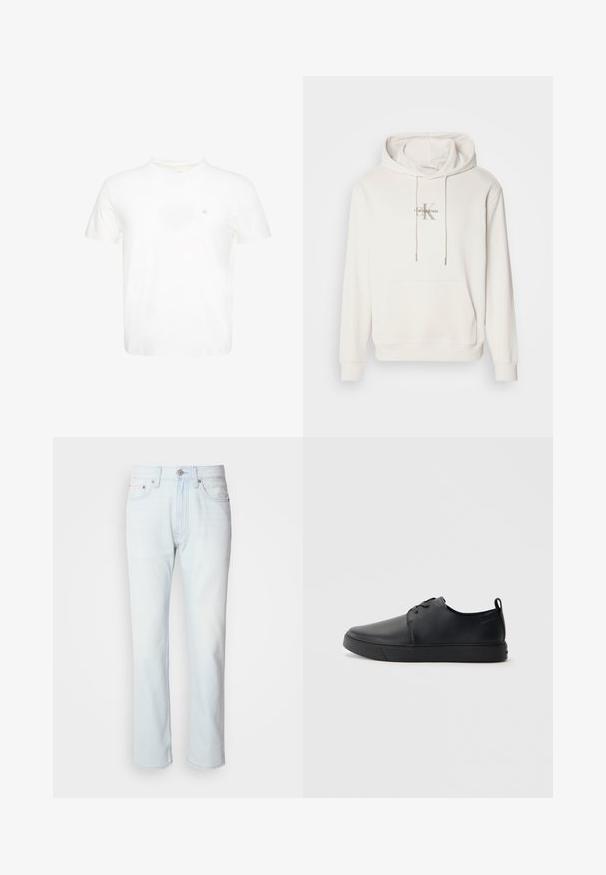 Sudadera blanca con capucha en tejido suave; presenta un bolsillo canguro frontal, puños acanalados y un logo con "Calvin Klein" sobre una "K" estilizada.; Camiseta blanca de manga corta con cuello redondo y pequeño logo "ck" bordado en el pecho izquierdo.; Jeans de mezclilla azul claro con corte recto. Cuentan con un cierre de botón y pasadores para cinturón, mostrando una textura desgastada y costuras mínimas.; Zapatilla negra de cuero con acabado suave, punta redondeada, costuras a tono, cordones en la parte delantera y suela de goma plana. Asa en el talón.