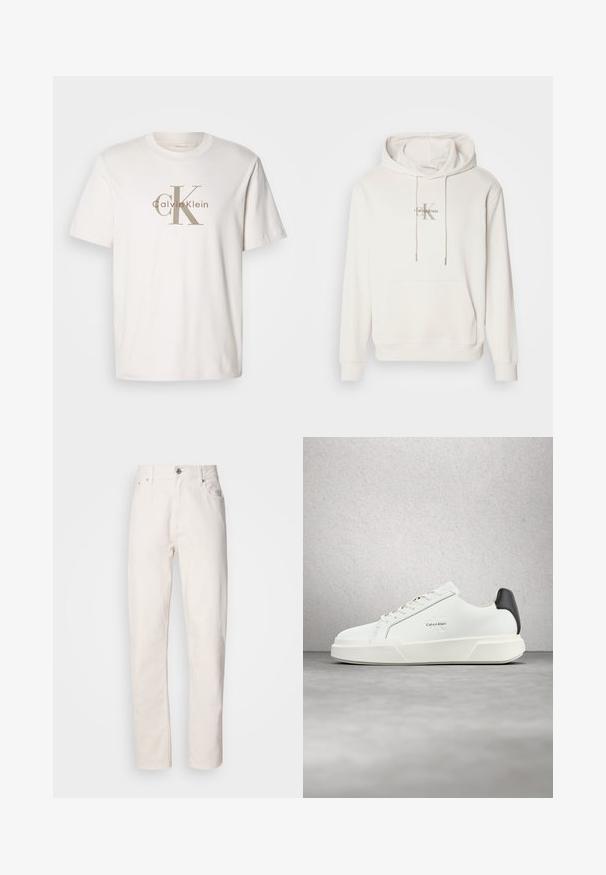 Biela mikina s kapucňou z mäkkej tkaniny; má predné klokanie vrecko, rebrované manžety a logo s nápisom "Calvin Klein" nad štylizovaným "K."; Biela krátky rukáv bavlnená tričko s béžovým nápisom "cK Calvin Klein" potlačeným na hrudi, okrúhly výstrih a voľný strih.; Rovné biele džínsy z denimu s gombíkovým a zipsovým zapínaním, pútka na opasok a predné a zadné vrecká, zobrazené na jednoduchom pozadí.; Biele tenisky s hladkým koženým zvrškom, plochými šnúrkami a vyvýšenou bielou podrážkou. Sú doplnené čiernym akcentom na päte a vyrazeným logom.