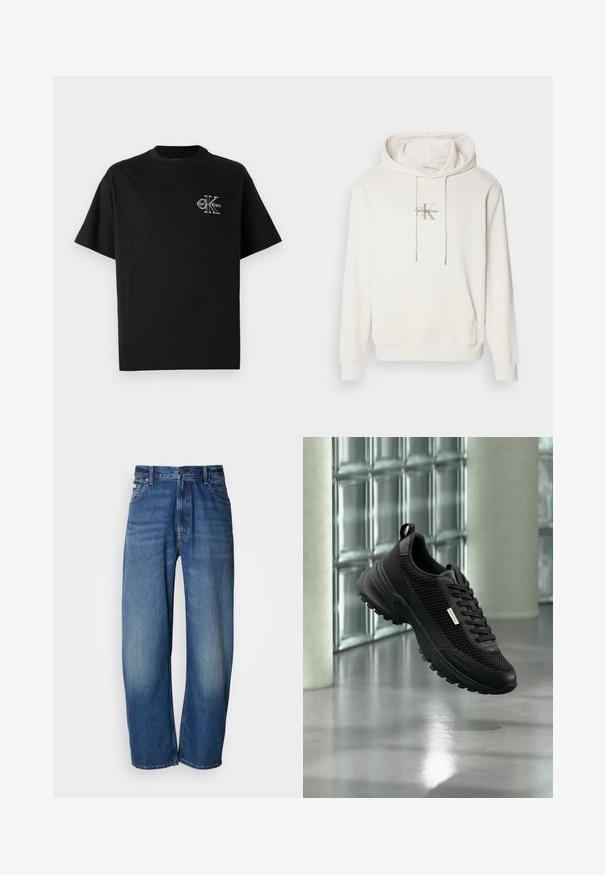 Valge kapuutsiga dressipluus pehmest kangast; sisaldab ees kangaroo-taskut, soonikkoes varrukaid ja logo, millel on "Calvin Klein" stiliseeritud "K" kohal.; Mustmust värvi puuvillane T-särk lühikeste varrukatega, ümmarguse kaelusega, mille vasakul rinnal on väike valge Calvin Kleini logo.; Lainete lõikega teksapüksid keskmise sinise tooniga. Varustatud luku ja viie taskuga ning kerge tuhmumisega kulunud välimuse loomiseks. Klassikalise õmbluse detailid.; Must sportlik toss võrgust külgpaneelide ja paksu tallaga, hõljumas siseruumides klaasplokkide ja sammaste lähedal sileda põranda peal.