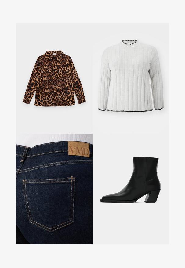 Suéter de color gris claro con ribete, de mangas largas, que presenta un acabado negro en el cuello alto y en el dobladillo. Textura suave y diseño casual.; Camisa de estampado de leopardo con diseño de botones, mangas largas, dos bolsillos en el pecho y cuello. Fabricada con un tejido suave en una paleta de colores cálidos.; Vaqueros de mezclilla azul oscuro con costuras naranjas visibles y una parche de cuero marrón con la etiqueta "VMD" encima del bolsillo trasero derecho.; Bota de tobillo de cuero negro con punta afilada, una silueta elegante y un tacón cuadrado grueso. Textura suave con detalles de costura mínimos.