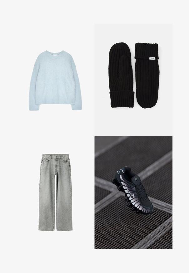 Hellblauer gestrickter Pullover aus weichem, flauschigem Material. Verfügt über einen runden Ausschnitt und lange Ärmel mit gerippten Bündchen und Saum.; Graue Jeans mit weitem Bein und hoher Taille, vorderen Taschen und Münztasche, mit kleinem, verteilt angeordnetem weißem Pünktchenmuster über den gesamten Stoff.; Schwarzer Sportschuh mit strukturiertem Mesh-Obermaterial, silbernen Akzenten, Fußgewölbeunterstützung und gepolsterter Sohle mit auffälligem segmentiertem Design.; Schwarze gestrickte Fäustlinge mit geriffelter Struktur, ausgestattet mit einem umklappbaren Bündchen und einem kleinen Etikett. Entworfen für Wärme und Komfort.