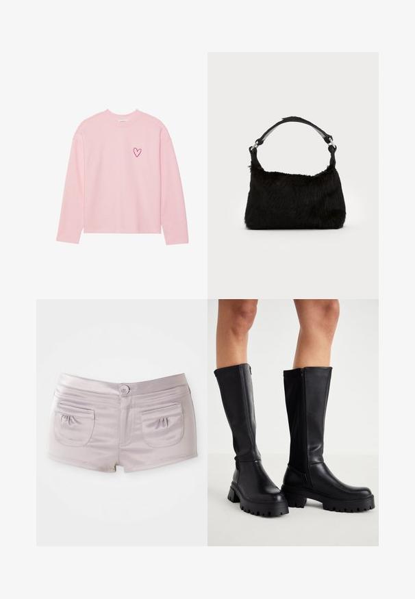 Lyserød langærmet sweatshirt lavet af blødt stof. Har et lille broderet hjerte på venstre bryst. Ribbede kanter ved halsen og ærmerne.; Lyse lilla shorts lavet af glat, blankt stof, med to baglommer og en frontlukkemekanisme med flad talje.; Sorte knæhøje støvler lavet af glat kunstlæder med en kraftig sål, lynlås i siden og design med rund tå.; Sort faux fur håndtaske med en blød tekstur, rund form og en robust skulderrem i sort læder. Synlige sølvhardware-detaljer.