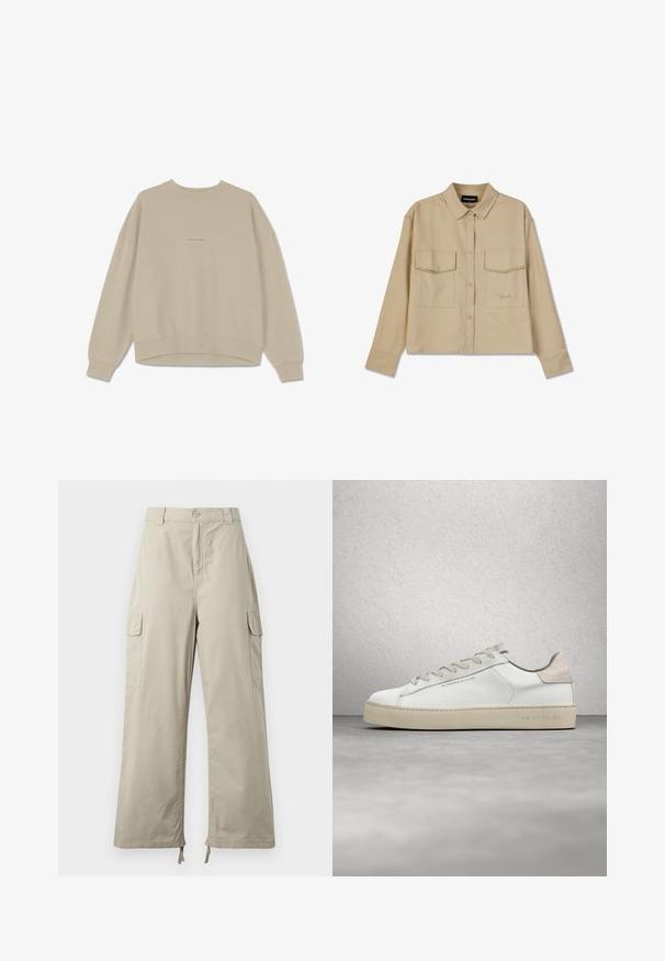 Beige sweatshirt lavet af blødt bomuld, der har en rund halsudskæring, nedfaldne skuldre og ribbede mancher. På fronten er ordet "PEGAADOR" broderet.; Beige langærmet skjorte lavet af blødt stof, med knaplukning, to brystlommer og lige kant. Subtil logo broderi foran.; Lys beige cargo bukser med en afslappet pasform, der har knaplukning, sidelommer og justerbar kant med snore. Glat stoftekstur.; Hvide lædersneakers med en glat overflade, beige ruskindsdetaljer, rund tå, flad snørebåndsdesign og en struktureret gummisål.