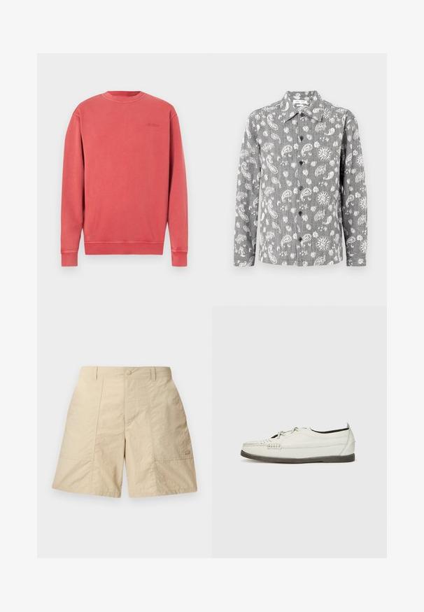 Korallenfarbenes Sweatshirt mit meliertem Muster, Rundhalsausschnitt, langen Ärmeln, gerippten Bündchen und Saum. Verfügt über ein dezentes, eingeprägtes Logo auf der Brust. Weiches Baumwollmischgewebe.; Grünes Langarmhemd mit einem weißen Paisleymuster. Es hat einen Kragen, schwarze Knöpfe und einen strukturierten Stoff.; Beige Shorts mit strukturierter Oberfläche, die über einen vorderen Knopfverschluss, zwei seitliche Taschen und ein kleines Logo auf der unteren rechten Seite verfügen.; Weiße Lederbootsschuhe mit einem geflochtenen Design an der Spitze, flacher Gummisohle und Schnürung an der Vorderseite. Glatte Textur und minimalistischer Stil.