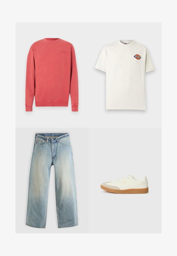 Sweat-shirt corail chiné, col rond, manches longues, poignets et ourlet côtelés. Présente un logo discret embossé sur la poitrine. Matière douce en mélange de coton.; T-shirt à manches courtes de couleur blanc cassé avec un petit logo Dickies rond rouge, jaune et bleu sur la poitrine gauche.; Jean denim bleu clair à jambes larges avec une finition délavée. Comprend un design standard à cinq poches et une fermeture à bouton métallique.; Baskets en cuir blanc avec une coque beige et une semelle en caoutchouc marron clair. Dotées de lacets blancs plats et d'un logo embossé sur le côté.