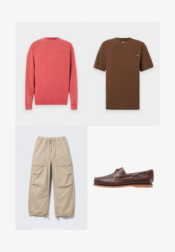 Sweat-shirt corail chiné, col rond, manches longues, poignets et ourlet côtelés. Présente un logo discret embossé sur la poitrine. Matière douce en mélange de coton.; T-shirt en coton marron à manches courtes avec une poche sur le côté gauche de la poitrine ornée d'un petit patch logo circulaire.; Pantalon cargo large beige avec taille et ourlets à cordon de serrage, poches à rabat sur les cuisses et poches fendues latérales.; Chaussure bateau en cuir marron avec coutures blanches, détails de lacets et semelle en caoutchouc beige, vue de côté sur fond blanc.