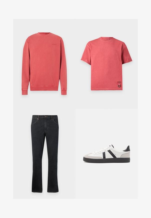 Sweat-shirt corail chiné, col rond, manches longues, poignets et ourlet côtelés. Présente un logo discret embossé sur la poitrine. Matière douce en mélange de coton.; T-shirt rouge délavé à manches courtes avec col rond, petite étiquette de marque et détail de boucle en métal près de l'ourlet inférieur.; Jean en denim bleu foncé avec une coupe droite, comportant cinq poches, des coutures contrastées et un léger évasement au bas.; Baskets blanches avec des accents noirs et gris, présentant un embout texturé gris, une semelle en caoutchouc noir et des lacets plats blancs. Design épuré, style minimaliste.