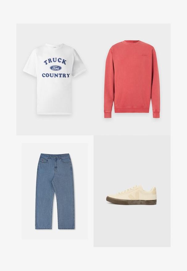 Sudadera de coral jaspeado, cuello redondo, mangas largas, puños y dobladillo acanalados. Presenta un logo sutil en relieve en el pecho. Material de mezcla de algodón suave.; Camiseta de algodón blanca con texto impreso en azul "TRUCK COUNTRY" y un logo ovalado en azul de "Ford" en el centro. Mangas cortas y cuello redondo.; Jeans de mezclilla azul claro con ajuste holgado, piernas rectas, cinco bolsillos y cierre de botón. Presenta un logo rojo sutil en el bolsillo delantero.; Zapatilla de lona beige con puntera redonda, cordones planos y suela de goma marrón texturizada. Presenta un logo en el lateral y un diseño minimalista.