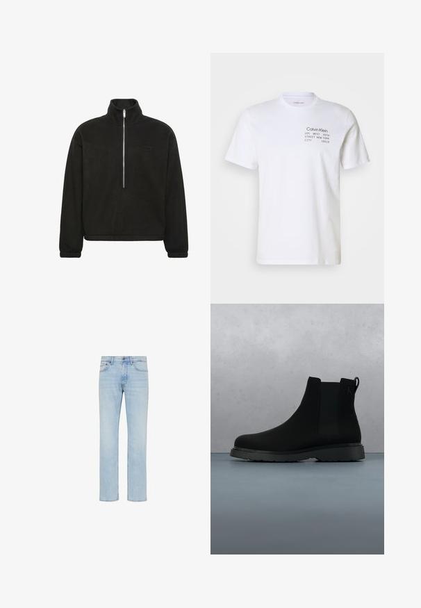 Schwarzer Fleece-Pullover mit langen Ärmeln, hohem Kragen und zentralem halbseitigem Reißverschluss, mit elastischen Bündchen und kleinem Logo am Brustbereich.; Weißes Baumwoll-T-Shirt mit kurzen Ärmeln, Rundhalsausschnitt und aufgedrucktem Text: "Calvin Klein 205 WEST 39TH STREET NEW YORK CITY 10018."; Hellblaue Straight-Leg-Jeans aus Denim mit vorderem Knopf, Reißverschluss und Fünf-Taschen-Design, gezeigt auf weißem Hintergrund.; Schwarze Knöchelstiefel aus glattem Material mit subtilen Nähten, einer Gummisohle und einem eleganten Design, platziert auf einer Oberfläche mit Holzstruktur.