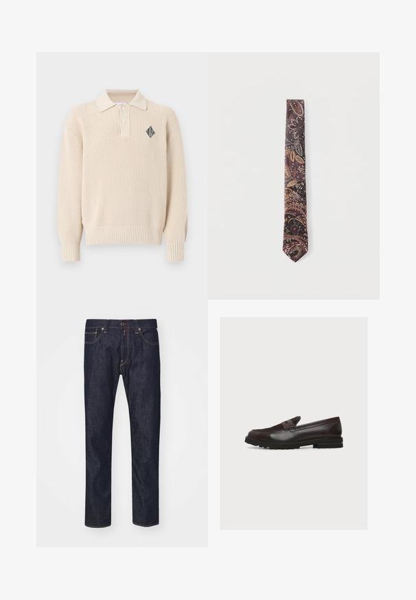 Beiger, gestrickter Polopullover mit langen Ärmeln, gerippten Bündchen und Saum, zwei Knöpfen und einem kleinen schwarz-weißen diamantförmigen Logo auf der Brust.; Dunkelblaue Denim-Jeans mit geradem Schnitt, versehen mit orangen Nähten, vorderen Taschen und einem Knopfverschluss an der Taille.; Dunkelbrauner Lederloafer mit Wildlederoberteil, Pennyriemen, genähten Details und dicker Gummisohle mit Profil, in Seitenansicht dargestellt.; Schmale dunkle Krawatte mit aufwändigem Paisley-Muster in Braun-, Orange- und Beigetönen auf hellem, einfarbigem Hintergrund.
