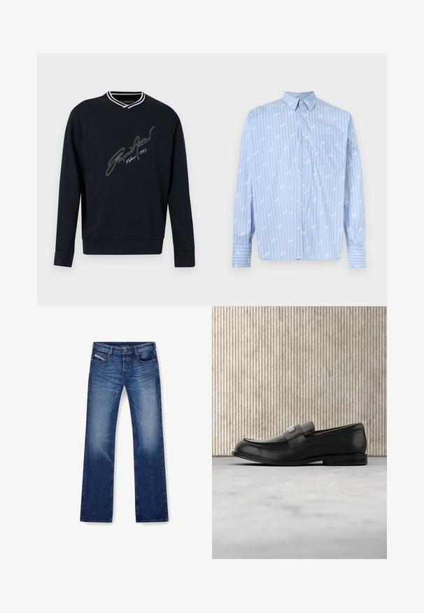 Tmavomodrá mikina s dlhým rukávom, bielym pásikavým výstrihom do V a bielym kurzívnym logom "Emporio Armani Milano 1981" na hrudi.; Svetlomodrá košeľa na zapínanie s bielymi vertikálnymi pruhmi a náprsným vreckom, s klasickým golierom a dlhými rukávmi s gombíkovými manžetami.; Modré denimové rifle so strihom s rovnými nohavicami, piatimi vreckami a tónovým prešívaním. Tkanina má hladkú textúru s miernym opotrebovaním.; Čierny kožený loafer s kovovou značkovou platničkou ležiaci pri hnedom okrúhlom stole na béžovej koberci.