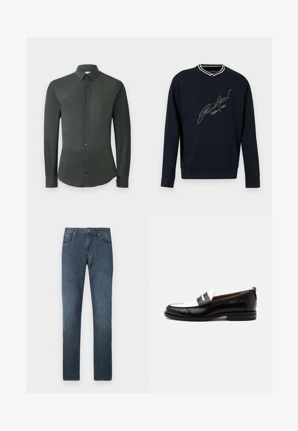 Tumesinine pika varrukaga dressipluus valgete triibuliste V-kaelusega ja valge käsitsi kirjutatud logo tekstiga "Emporio Armani Milano 1981" rinnal.; Tume roheline pikkade varrukatega särk klassikalise kraega, ees nupuga kinnitamine ja sile kangatekstuur. Omab nööpidega mansette ja kohandatud lõiget.; Tumedat sinist värvi teksapüksid sirge sääre kujundusega, viie taskuga, ees nööbiga kinnitusega ja peente õmblustähtedega.; Must-valge nahast loafer, õmmeldud detailide, madala kontsa ja libisemisdisainiga, näidatud külgvaates tavalise tausta peal.