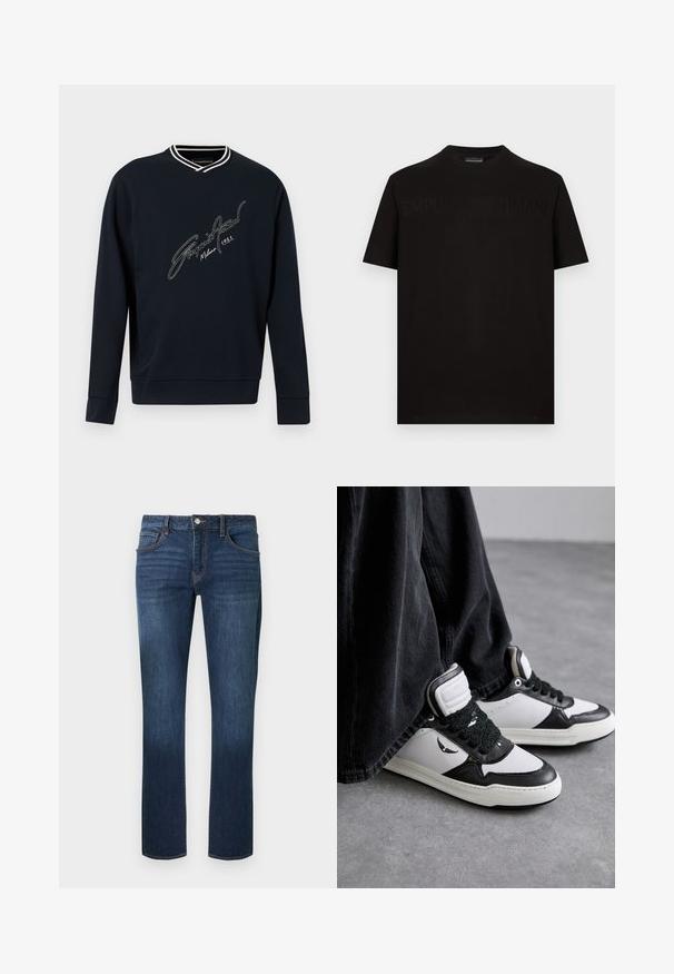 Marineblauwe sweatshirt met lange mouwen, witte gestreepte V-hals en witte cursieve logo-tekst "Emporio Armani Milano 1981" op de borst.; Zwart katoenen T-shirt met korte mouwen en een ronde hals, met een reliëflogo over de borst. Soepele textuur en een comfortabele pasvorm.; Donkerblauwe spijkerbroek met rechte pijpen, een ontwerp met vijf zakken en een knoopsluiting aan de voorkant, met subtiele vervaging op de dijen.; Zwart-witte hoge sneakers met een gestructureerde zwarte vetersluiting, gemaakt van leer en synthetisch materiaal, met een logo aan de zijkant.