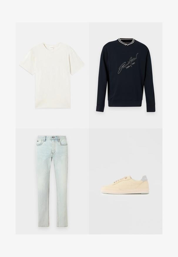 Marineblauwe sweatshirt met lange mouwen, witte gestreepte V-hals en witte cursieve logo-tekst "Emporio Armani Milano 1981" op de borst.; Korte mouwen, ronde hals t-shirt in licht beige, zachte katoenen textuur met een relaxte pasvorm en zonder zichtbare patronen of accenten.; Lichtblauwe spijkerbroek met rechte pijpen, vijf zakken en subtiele distressed details, voorzien van contrasterende stiksels en een knoopsluiting.; Beige lage sneaker met veters aan de voorkant, lichtroze zool en een grijze hieltab met het merk "Filling Pieces", zijaanzicht op een effen achtergrond.