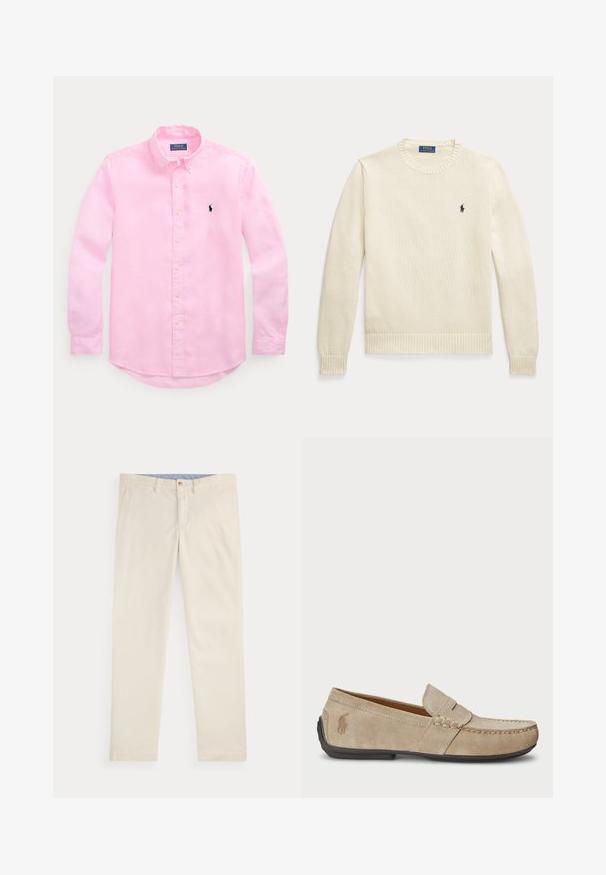 Krémový pletený sveter s dlhým rukávom, rebrovanými manžetami a lemom, s malým tmavomodrým logom Polo Ralph Lauren na hrudi.; Ružová košeľa s dlhým rukávom na gombíky, golier s gombíkmi a malým tmavomodrým vyšívaným logom na ľavej strane hrudníka.; Béžové manšestrové nohavice s rovnými nohavicami, predné vrecká, pútka na opasok a zapínanie na gombík na bielom pozadí.; Béžové semišové mokasíny s prešívaním, plochou gumenou podrážkou a malým logom na strane. Klasický dizajn na obúvanie, mäkká textúra.