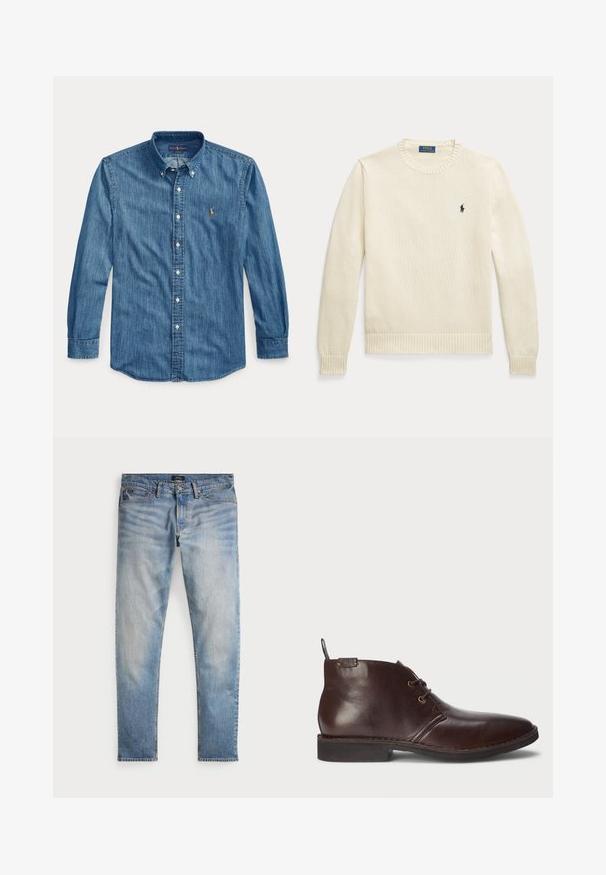 Krémový pletený sveter s dlhým rukávom, rebrovanými manžetami a lemom, s malým tmavomodrým logom Polo Ralph Lauren na hrudi.; Modrá rifľová košeľa s dlhým rukávom, golierom a malým vyšívaným logom na ľavej strane hrudníka vedľa gombíkov.; Svetlomodré denimové nohavice s bledým povrchom, dizajnom na päť vreciek a kontrastným prešívaním. Obsahujú zips a pútka na opasok. Rovný strih.; Tmavo hnedá kožená členková topánka s dvoma očkami, s ťahacím pútkom na päte a čiernou gumenou podrážkou, zobrazená z vonkajšej strany na bielom pozadí.