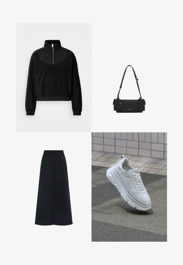 Zwart half-zip sweatshirt met hoge kraag, lange mouwen, elastische boorden en zijzakken, weergegeven tegen een effen witte achtergrond.; Zwarte wijdvallende broek met een elastische tailleband en een verstelbaar trekkoord. Gemaakt van een lichte stof met een gladde textuur. Geen zichtbare patronen.; Witte leren sneaker met een dikke, gestructureerde rubberen zool, voorzien van vetersluiting en stikdetails. Rond teen- en enkelsteun ontwerp.; Zwarte nylon schoudertas met een voorvak met rits, verstelbare schouderriem en een subtiele logo. Heeft een compact, rechthoekig ontwerp met zijzakken.