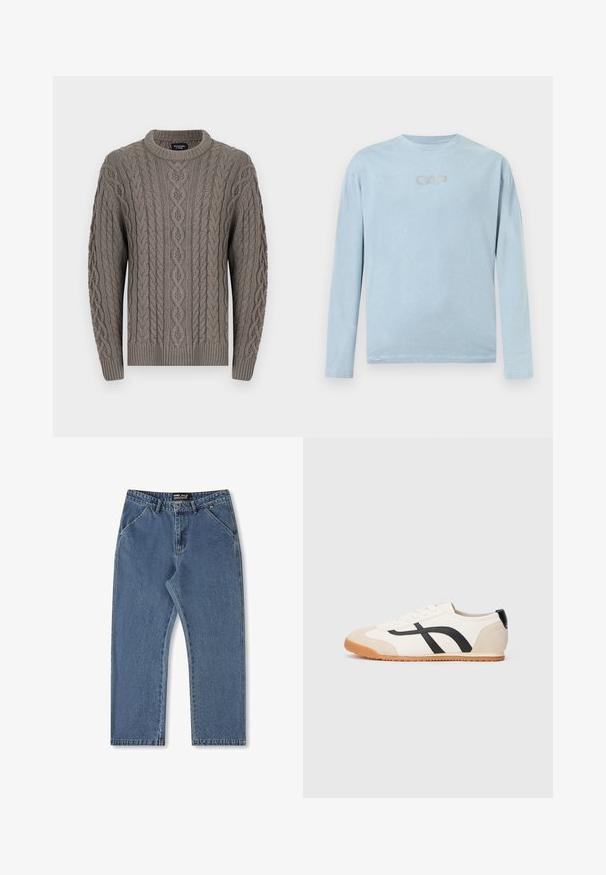 Hallide hallide kudumitega crewneck sviiter, millel on keerukad punutud mustrid, ribitud varrukaotsad, ääre ja kaelus, millel on silt Abercrombie & Fitch.; Helehall sinine pikamaa triiksärk, ümar kaelus, mille keskel rinnal on reljeefsed tähed CAP logo kujul.; Sinise denim püksid otsejoone disainiga, keskmise tõusuga vöökoht ja klassikaline viis taskutega stiil. Omab peent värvimuutust ja õmblemise detaile.; Madal profiiliga valge toss beežide varba- ja kannaaktsentidega, mustad kõverad küljetribud, valged paelad ning kummist talla, vasakult küljevaates.