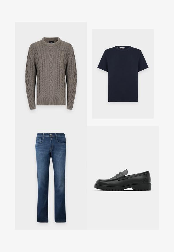 Grauer, kabelgestrickter Rundhalspullover mit komplexen geflochtenen Mustern, gerippten Bündchen, Saum und Kragen, gekennzeichnet mit Abercrombie & Fitch.; Marineblaues T-Shirt mit kurzen Ärmeln und Rundhalsausschnitt mit geradem Saum, auf weißem Hintergrund dargestellt.; Blaue Denim-Jeans mit geradem Schnitt, ausgestattet mit Fronttaschen, einem Reißverschluss und einem Knopfverschluss. Mittlere Waschung mit subtilen Ausbleichungen.; Schwarze Lederloafer mit runder Zehenform, ausgestattet mit einem gesteppten Design, niedrigem Plattformsohle und einer strukturierten, genoppten Gummisohle.