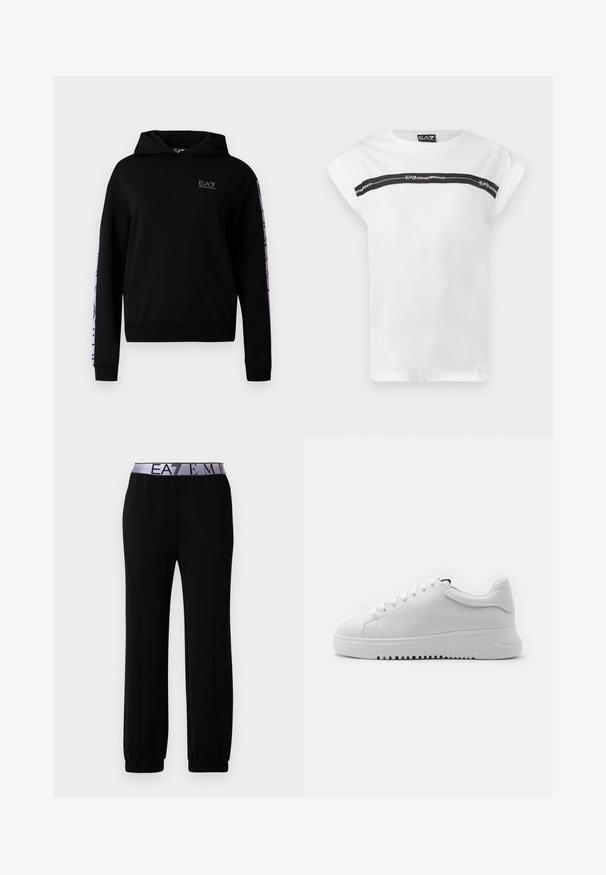 Sweat à capuche noir avec logo EA7 sur la poitrine, doté de manches longues et de détails contrastants violets le long du bras. Confectionné en tissu doux.; T-shirt blanc à manches courtes avec une bande horizontale noire sur la poitrine avec la marque "EA7 Emporio Armani".; Pantalon de sport noir en tissu doux, doté d'une large ceinture élastique avec le logo "EA7", de poignets resserrés et d'une texture lisse.; Baskets blanches avec une tige en cuir texturé, bout rond et lacets. Semelle en caoutchouc blanc épaisse avec un motif de traction texturé.