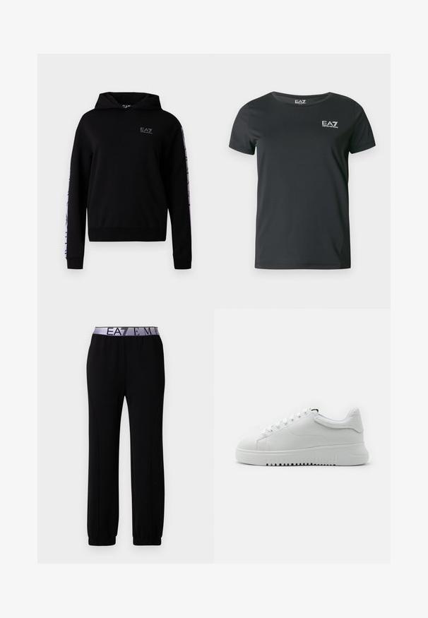 Zwarte hoodie met capuchon en EA7-logo op de borst, met lange mouwen en contrasterend paarse details langs de arm. Gemaakt van zachte stof.; Zwart T-shirt met korte mouwen van gladde stof, met een ronde halslijn en een klein wit EA7-logo op de borst.; Zwarte sportbroek gemaakt van zachte stof, met een brede elastische tailleband met "EA7"-branding, taps toelopende boorden en een gladde textuur.; Witte sneakers met een bovenwerk van gemarmerd leer, ronde neus en vetersluiting. Dikke witte rubberen zool met een gemarmerd grippatroon.