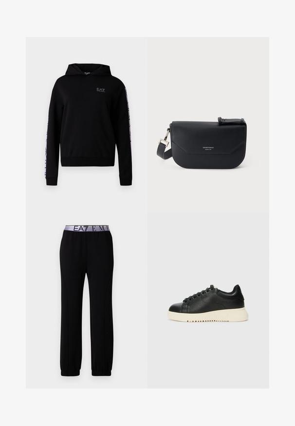 Sweat à capuche noir avec logo EA7 sur la poitrine, doté de manches longues et de détails contrastants violets le long du bras. Confectionné en tissu doux.; Pantalon de sport noir en tissu doux, doté d'une large ceinture élastique avec le logo "EA7", de poignets resserrés et d'une texture lisse.; Sneaker en cuir noir avec une finition texturée, dotée d'un bout rond, de six œillets noirs et d'une semelle en caoutchouc blanche avec des rainures.; Sac bandoulière en cuir noir Emporio Armani avec fermeture à rabat et sangle réglable, logo embossé et texte Milano 1981 à l'avant.