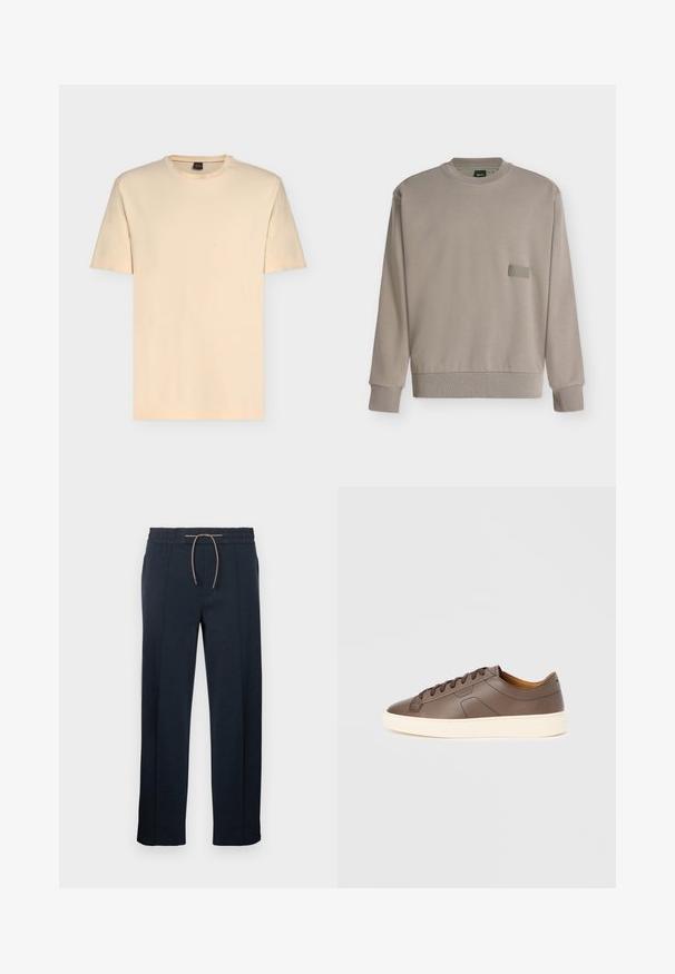Sweat-shirt à col rond taupe clair manches longues avec poignets et ourlet côtelés, présentant un petit patch rectangulaire avec "BOSS" sur la poitrine.; T-shirt beige clair à manches courtes avec col rond et logo discret "BOSS" centré sur la poitrine.; Pantalon bleu marine à coupe décontractée, taille élastique et cordon de serrage. Fabriqué en tissu doux, avec deux poches latérales et des jambes droites.; Baskets en cuir marron à texture lisse, semelle extérieure crème contrastante, bout arrondi et lacets marron foncé ; présente un logo discrètement embossé.