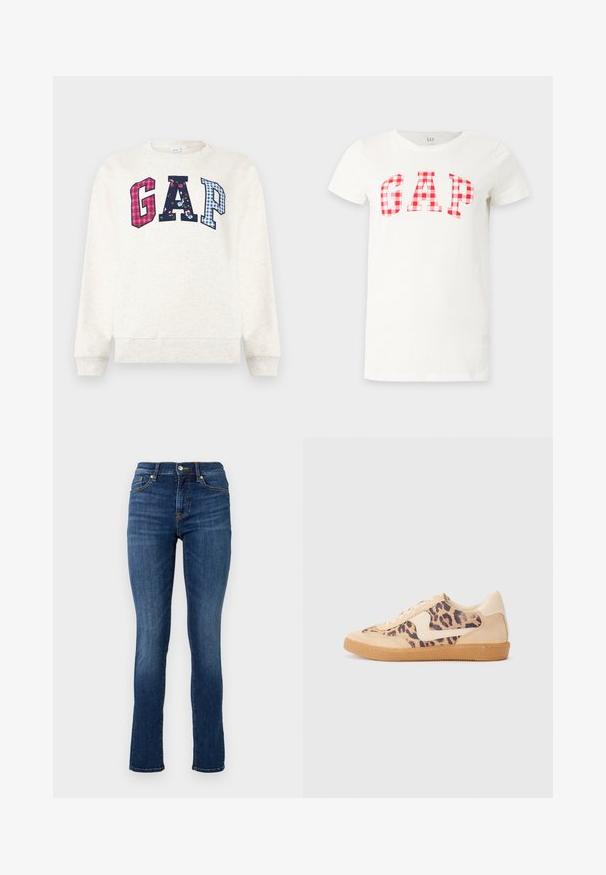Off-white sweatshirt met lange mouwen en grote "GAP"-letters op de borst in rood geruit, marineblauw bloemenpatroon en blauw ruitpatroon.; Witte T-shirt met korte mouwen met een rood-wit geruit patroon dat GAP op de borst spelt.; Donkerblauwe skinny jeans van denim, met een standaard tailleband, zijzakken en subtiele stikseldetails.; Luipaardprint sneakers met een beige suède bovenkant, tan rubberen zool en witte accenten. Ronde neus en vetersluiting met een gestructureerde afwerking.