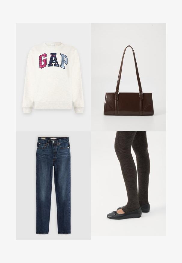 Off-white langærmet sweatshirt med store "GAP" bogstaver i rød ternet, marineblå blomster- og blåternet mønster på brystet.; Mørkeblå lige ben jeans med fem lommer, knap- og lynlås lukning samt kontrastsyninger.; Ben iført mørke ribbede leggings kombineret med sorte balletsko med små sløjfedetaljer på hvid baggrund.; Brun lakeret håndtaske med rektangulær form, to lange håndtag og subtile buede detaljer på fronten.