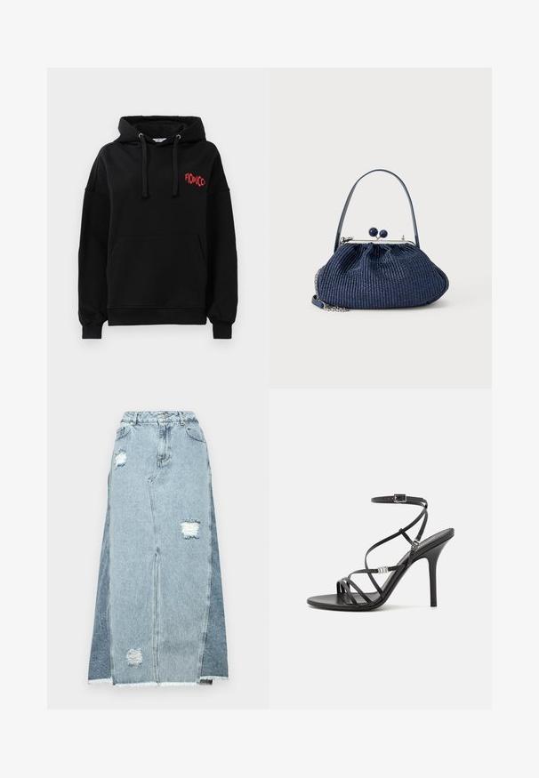 Musta huppari etupussilla, naruilla, ribbauskätkäillä ja pienellä punaisella "Fiorucci"-tekstillä vasemmassa ylärinnassa.; Hame denim yang menampilkan perpaduan kain biru muda dan tua, tambalan yang terdistorsi, pinggang tinggi, dan tepi yang frayed.; Musta korkokenkä sandaali ohuilla nauhoilla, nilkkakannalla, sileällä nahkapinnalla ja hoikalla stiletto-korkealla.; Merensininen kudottu kangaslaukku, jossa on pyöreä lukko, lyhyt kahva ja hopeinen ketjuyksityiskohta, taustalla vaalea tasainen pinta.