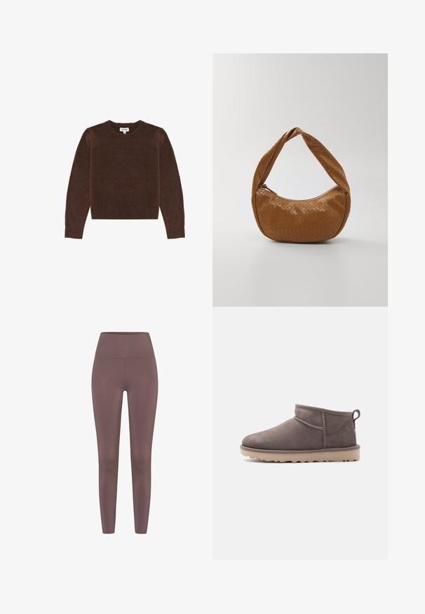 Suéter marrón de punto con cuello redondo y mangas largas. Textura suave, diseño corto y sin patrones visibles ni detalles de hardware.; Leggings de cintura alta en un color malva apagado, confeccionados con una tela suave y elástica. Presentan un diseño sin costuras sin piezas metálicas visibles.; Zapato tipo slip-on de ante marrón de altura baja en el tobillo, con suela texturizada y lengüeta para tirar, sobre un fondo liso.; Bolso de cuero trenzado en color marrón claro, forma ovalada con un asa gruesa trenzada, que presenta un cierre de cremallera y un acabado brillante.