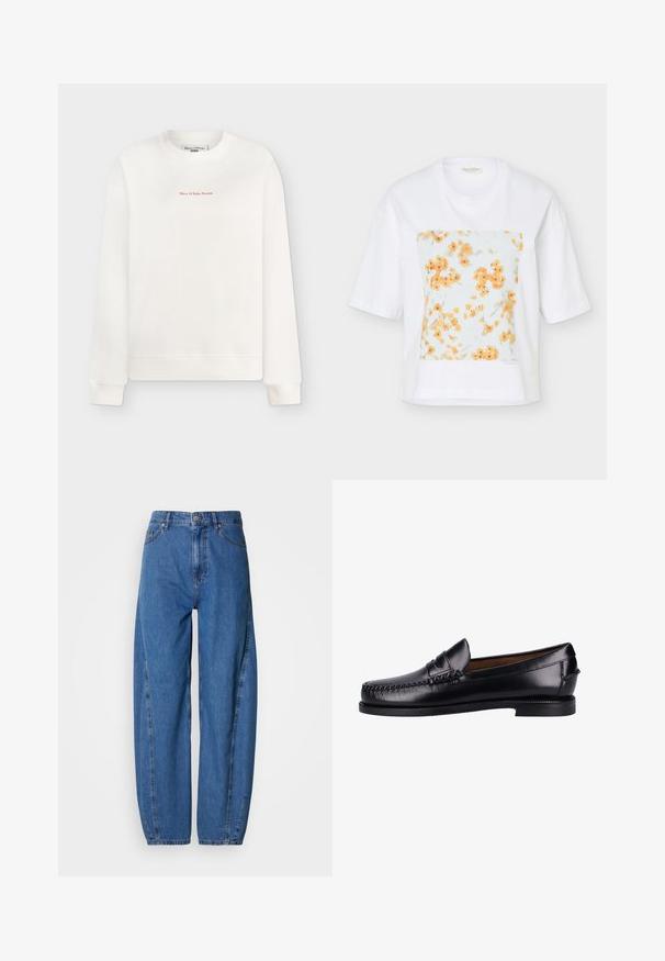 Sweat-shirt blanc à col rond avec manches longues, poignets et ourlet côtelés, comportant un petit texte rouge « Marc O'Polo Denim » centré sur la poitrine.; T-shirt blanc à manches courtes avec un imprimé carré devant de petites fleurs orange sur fond bleu clair.; Jean en denim bleu à coupe ample, avec une taille haute, deux poches avant et une coupe droite. Détails cousus le long des coutures.; Mocassins en cuir noir avec une finition lisse, un bout rond, des coutures décoratives et un talon bas. Le design est minimaliste, sans éléments de quincaillerie visibles.
