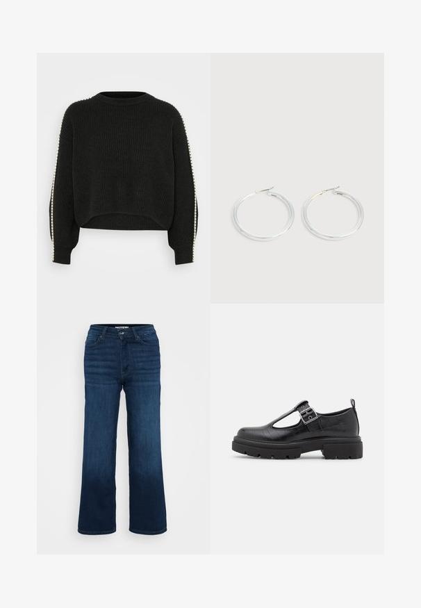 Sort striktrøje med ribbet struktur, cropped design og lange ærmer. Har kontrasterende hvide accenter langs sidesømmene.; ONLY Petite ONLMADISON BLUSH WIDE - Wide leg - dark blue denim; Sort faux lædersko med krokodillestruktur, rund tå, ankelstrop med metalspænde og en kraftig gummisål.; Par skinnende sølvøreringe med tynde trådlåse, vist på en lys grå baggrund.