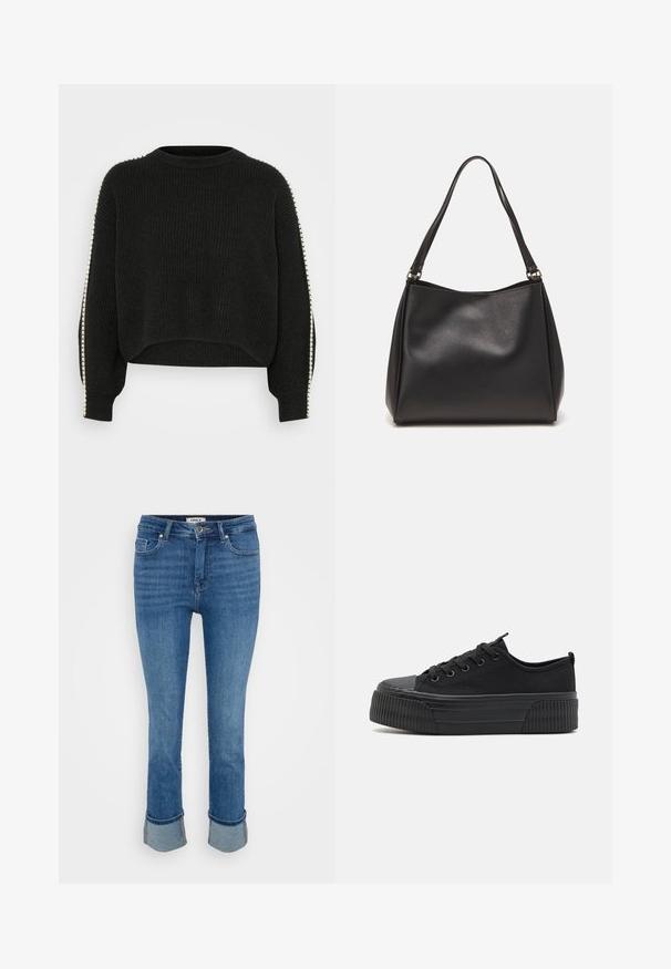 Zwarte gebreide sweatshirt met ribbeltextuur, cropped ontwerp en lange mouwen. Heeft contrasterende witte accenten langs de zijnaad.; Blauwe denim jeans met voorzakken, knoopsluiting en opgerolde manchetten tegen een effen lichte achtergrond.; Zwarte canvas sneakers met een geribbelde rubberen zool, ronde neus en zes gaatjes. Gladde textuur met een contrasterende ribbelstructuur aan de onderkant.; Zwarte synthetische leren handtas met een zachte textuur, hobo-vorm en dubbele schouderbanden; heeft een glanzende afwerking en een minimalistisch ontwerp.