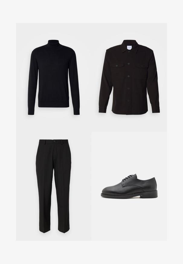 Pull à col montant noir en tissu doux. Doté de manches longues, d'un col et de poignets côtelés, avec une texture lisse et sans motifs.; Chemise noire à manches longues avec un col structuré, une fermeture à boutons sur le devant et deux poches poitrine. Fabriquée dans un tissu uni au toucher lisse.; Pantalon noir en tissu lisse, présentant une coupe droite, des poches avant, un bouton simple de fermeture et sans motifs visibles.; Chaussure oxford en cuir noir avec un bout rond, présentant une finition lisse, un laçage à cinq œillets et un petit talon empilé.