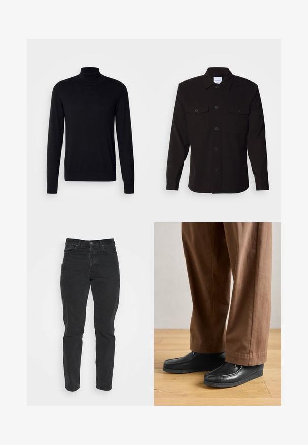 Suéter negro de cuello alto hecho de una tela suave. Presenta mangas largas, cuello y puños acanalados, con una textura suave y sin patrones.; Camisa negra de manga larga con un frente abotonado, dos bolsillos en el pecho y un cuello estructurado. Fabricada con una tela sólida de textura suave.; Jeans de denim negro con un corte recto, cinco bolsillos, cierre frontal con botón y costuras en contraste. Textura suave con un leve desgaste visible.; Zapatos de cuero negros con diseño de mocasín y detalles de costura, combinados con pantalones marrones, sobre un suelo de madera.