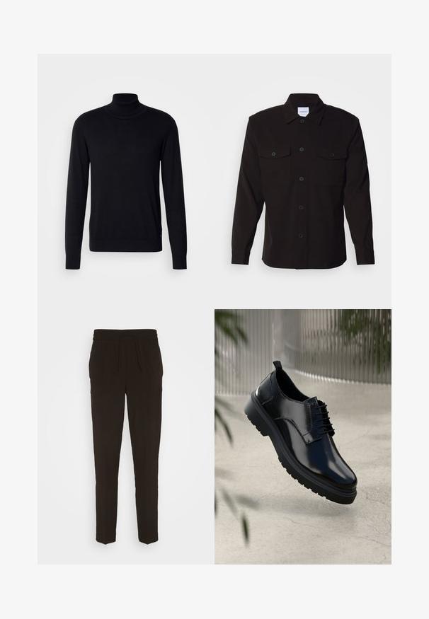Pull à col montant noir en tissu doux. Doté de manches longues, d'un col et de poignets côtelés, avec une texture lisse et sans motifs.; Chemise noire à manches longues avec un col structuré, une fermeture à boutons sur le devant et deux poches poitrine. Fabriquée dans un tissu uni au toucher lisse.; Pantalons noirs, longs et fuselés fabriqués à partir d'un matériau doux et lisse. Dotés d'une taille élastique avec un cordon de serrage pour un ajustement réglable.; Chaussure en cuir noir avec une finition brillante, bout rond, design à lacets, surpiqûres contrastantes, et semelle épaisse en caoutchouc avec motifs de relief.