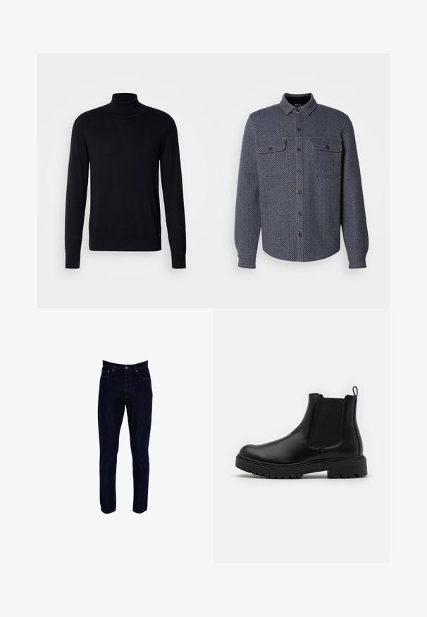 Pull à col montant noir en tissu doux. Doté de manches longues, d'un col et de poignets côtelés, avec une texture lisse et sans motifs.; Chemise en flanelle gris foncé avec un motif en chevron, un devant boutonné, deux poches poitrine et des manches à boutons. Design de col classique.; Jean en denim bleu foncé avec une coupe droite. Dispose de cinq poches, de coutures contrastantes et d'une taille standard avec fermeture à bouton.; Zign by Zalando LEATHER - Bottines - black