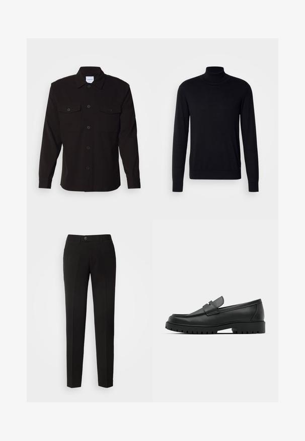 Schwarzer Rollkragenpullover aus weichem Stoff. Mit langen Ärmeln, geripptem Kragen und Bündchen, hat eine glatte Textur und keine Muster.; Schwarze Langarmbluse mit durchgehender Knopfleiste, zwei Brusttaschen und einem strukturierten Kragen. Hergestellt aus einem strapazierfähigen Stoff mit einer glatten Textur.; Schwarze gerade geschnittene Hose aus glattem Stoff mit einem Knopfverschluss und seitlichen Taschen im klassischen Design.; Schwarze Lederloafer mit runder Zehenform, ausgestattet mit einem gesteppten Design, niedrigem Plattformsohle und einer strukturierten, genoppten Gummisohle.