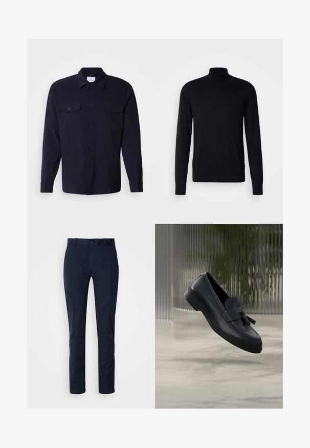 Zwarte coltrui van zacht materiaal. Heeft lange mouwen, ribgebreide kraag en manchetten, met een gladde textuur en zonder patronen.; Navyblauwe overhemdenjack gemaakt van zachte stof, met twee borstzakken, een knoopsluiting aan de voorkant en lange mouwen met knoopmanchetten.; Donkerblauwe chinos gemaakt van een katoenmix. Voorzien van een knoopsluiting, riemlussen, recht gesneden ontwerp en een gladde textuur.; Zwarte leren loafers met een gladde textuur, een afgeronde neus en decoratieve kwastjes aan de voorkant. Flexibele rubberen zool met lage hak.