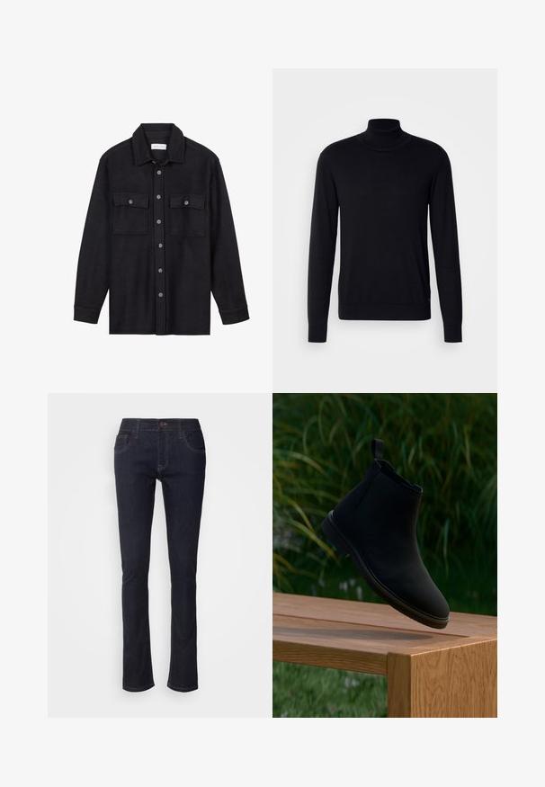 Pull à col montant noir en tissu doux. Doté de manches longues, d'un col et de poignets côtelés, avec une texture lisse et sans motifs.; Veste-chemise en laine noire avec un col pointu, une fermeture à boutons sur le devant et deux poches poitrine. Dotée de boutons ton sur ton et d'une coupe décontractée.; Jeans en denim bleu foncé avec une jambe droite, dotés de poches avant, d'une fermeture à bouton et de détails de surpiqûres subtils. Design classique.; Botte Chelsea noire en cuir lisse, avec un onglet de traction, un bout rond, des panneaux latéraux élastiques et un talon bas. Présentée sur une surface en bois.