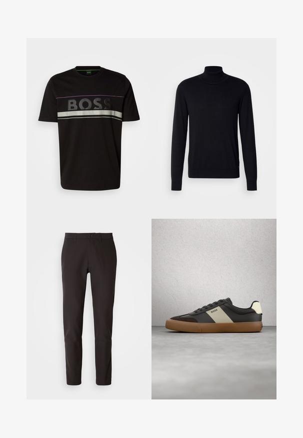 Must kardigan pehmest kangast. Omab pikki varrukaid, soonikkoelust ja -ääriseid, sile tekstuur ning pole mingeid mustreid.; Must must t-särk, millel on julge "BOSS" logo, hõbedased ja lillad triibud rinnal ning klassikaline ümmargune kaelus.; Mustadest siledast kangast püksid, millel on sirge lõige, tavaline vöökoht nööbiga kinni ja ilma nähtavate taskute või mustriteta.; Must ja pruuni spordijalats, millel on beež triip ja tekst "BOSS", hõljumas halli betoonpõranda ja klaasplokkseina taustal.
