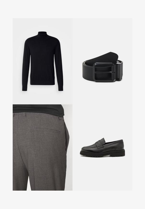 Suéter negro de cuello alto hecho de una tela suave. Presenta mangas largas, cuello y puños acanalados, con una textura suave y sin patrones.; Pantalones grises ajustados con una textura suave, que cuentan con un bolsillo trasero y un diseño slim fit. La tela tiene un patrón sutil.; Mocasín de cuero negro con punta redonda, detalles de costura y suela gruesa y texturizada. Presenta un diseño elegante y minimalista.; Cinturón de cuero negro con una hebilla de metal negro mate, que presenta una superficie plana y suave y un extremo cónico. Diseño sencillo sin adornos.