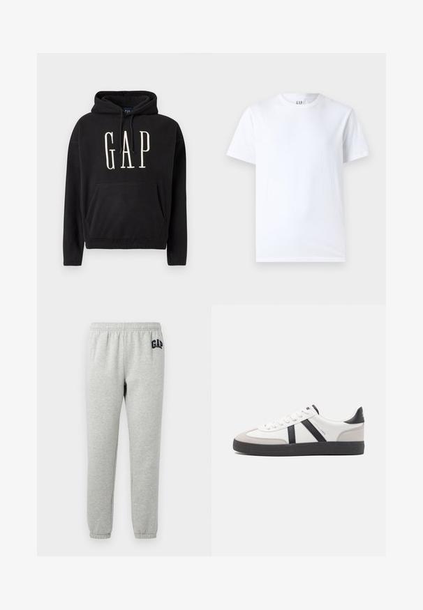 Zwarte hoodie van zachte stof, met een voorzak, capuchon met trekkoord en het "GAP"-logo in roomkleurige tekst op de borst.; Witte katoenen T-shirt met ronde halslijn en korte mouwen. Eenvoudig ontwerp zonder patronen of graphics, met GAP-merk op de kraag.; Grijze sweats met een elastische tailleband, cuffed enkels, en een marineblauwe "GAP" logo op de linker boven dij. Zachte, katoenen stofmix.; Witte sneaker met zwarte en grijze accenten, voorzien van een grijze neus met textuur, zwarte rubberen zool en platte witte veters. Schoon ontwerp, minimalistische stijl.