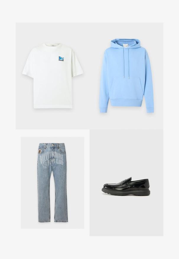 Light blue hooded sweatshirt with front kangaroo pocket and drawstrings, displayed against plain white background.; White short-sleeve T-shirt with small blue fox logo and text "Maison Kitsuné 2062 Paris" on the upper left chest.; Light blue denim jeans with front pockets and "Billionaire Boys Club" text and astronaut logo printed across the upper front.; Black leather loafer with a glossy finish, rounded toe, subtle stitching details, and a thick rubber sole for durability.